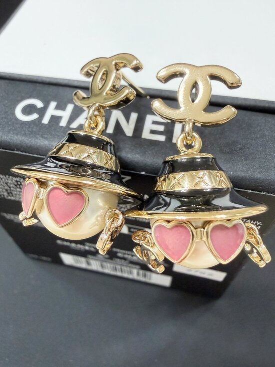 CHANEL Jewelry - Chanel Gold- Tone CC Pearl Black Hat Pink Heart Sunglasses Dangle Earrings